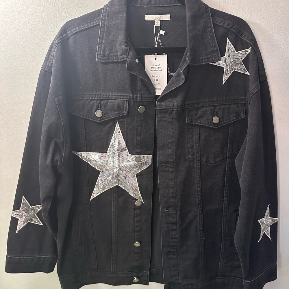 Black Denim Jacket with Silver Star Accents